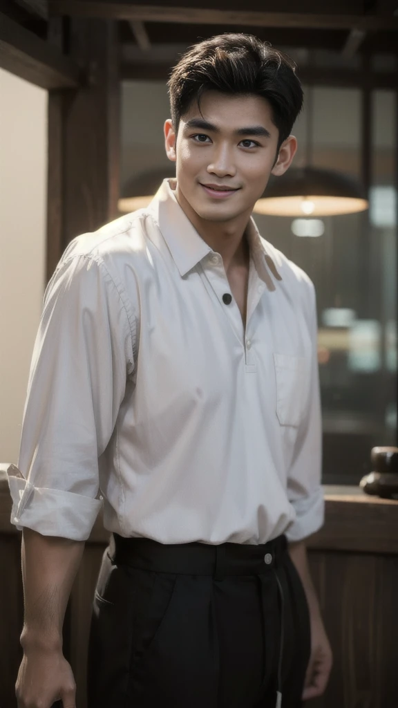 Thai man, short hairstyle, buzz cut, handsome, muscular, big muscles, broad shoulders, model wearing a black polo shirt, standing and smiling.