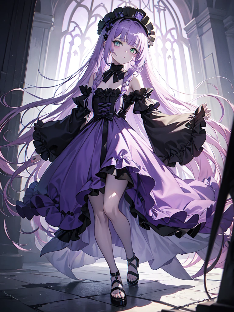 full body, Full bangs, Gradient braided hair, (Light purple hair), (Ink blotches:1.1), (pale:1.2),(Light purple:1.2),(Light green:1.2)　and full body, Artistic elements add depth to the work. The overall atmosphere is creepy and nightmarish..., With a unique artistic touch. This movie is、The dark and crazy world of horror movies depicted in HD., Evoke visual stimuli and aesthetic sense, It will terrify and excite the audience....,watercolor画, （Lightless, Eyes without highlights, Evil Eye, A bad looking person with white eyes, It&#39;s a red eyeliner）,whole body絵, Wearing a maid outfit and （Mature face,tall, Wearing black tights,Green Eyes, The skin is hidden　and maid, The background is a dark and desolate landscape, Horror movie atmosphere. Her figure is extremely beautiful, Emphasizing the dark and crazy elements. Skillfully expressing the effects of light and shadow, detailed, The face and expression of the black costume are also carefully drawn...,sketch (Character design sheet, same characters, whole body, Three-View, front, ~ ~ ~ side, return) and 1 female, Nervous,Cowboy Shot,,(Very bright:1.1), White Background, [1 Girl:7], (Tilt your head:1.2), ([sketch|watercolor \(Moderate\)]:1.15),Chaotic Abstract