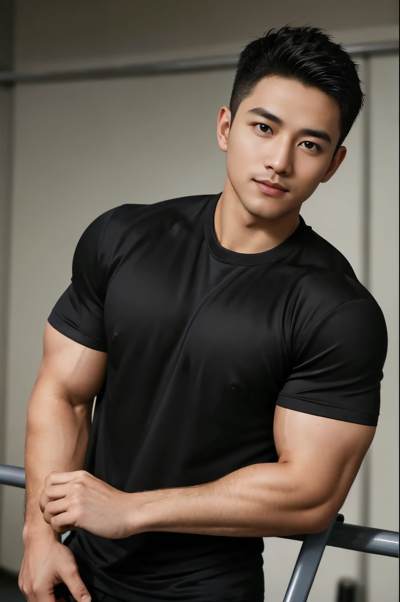 Masterpiece, best quality, high resolution, realistic, handsome, Take beautiful photos, Sayk, NRF, Photo of the 35 year old gym association (man:1.2) Portrait, standing in the gym , make military media, weight, Amazing , Buzzcut short hair,stubble head , (Hyper Muscle),looking at the audience, Flirt with the camera, charming, (Tight black exercise shirt ),(GS-Male:1), 8k uh