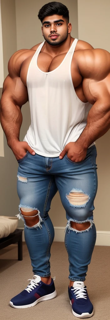 4 meter tall slightly overweight indian man. 21 years old. Young face with goatee chin. Very sexy Posing for camera. Muscular. Wearing a loose fitness tank top and torn jeans. Big ass. Very developed long and thick legs. One person only. Even bigger legs. Long legs. Tattoo. Bigger thicker legs. Stand straight. Thicker calves. Bigger upper legs. Hamstrings bigger. Upper chest bigger.