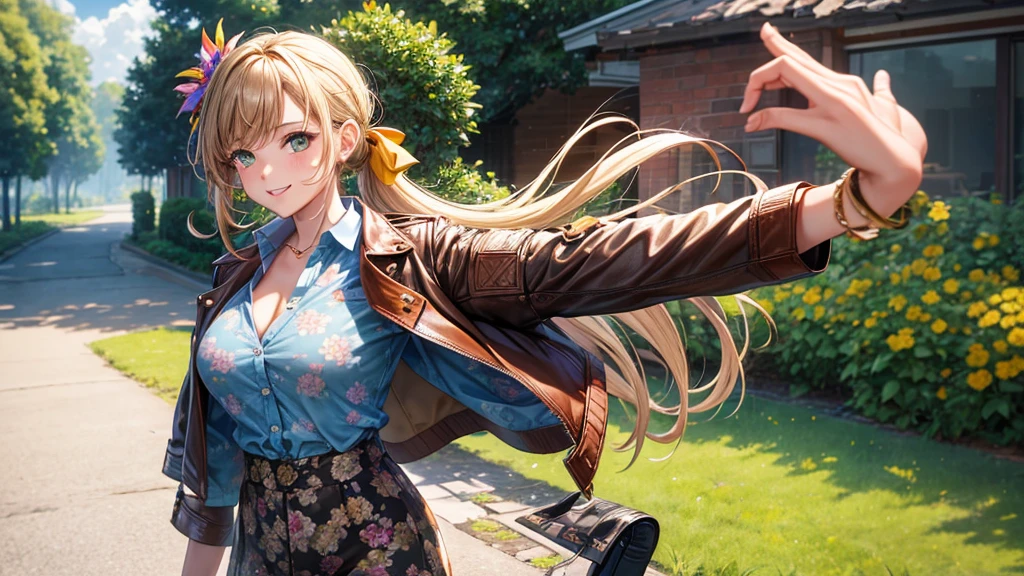 1girl, solo, full body, summer, village, trees, sun, clouds, ((colorful hair)), side ponytail, large breasts, ((brown leather jacket)), brown leather shorts, button down shirt, ((blue floral pattern shirt)), ((short sleeved shirt)), ((unbuttoned shirt)), unbuttoning buttons, cleavage 1:3 green eyes, grey skirt, smile, happy, looking at the viewer, standing, hair ribbon, golden necklate