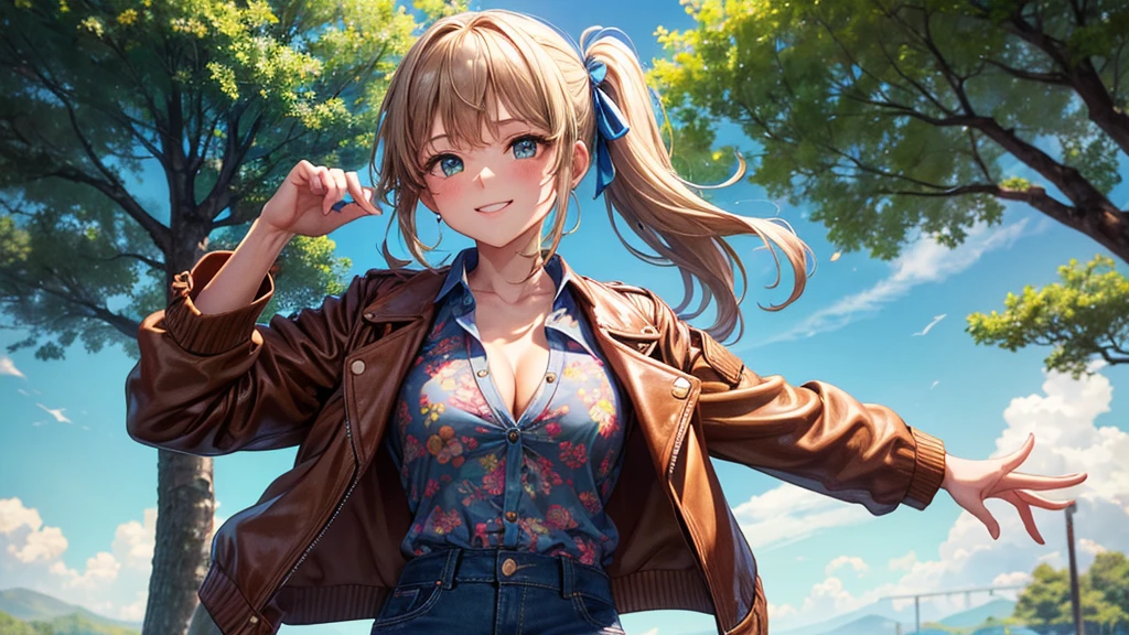 1girl, solo, full body, summer, village, trees, sun, clouds, ((colorful hair)), side ponytail, large breasts, ((brown leather jacket)), brown leather shorts, button down shirt, ((blue floral pattern shirt)), ((short sleeved shirt)), ((unbuttoned shirt)), unbuttoning buttons, cleavage 1:3 green eyes, grey skirt, smile, happy, looking at the viewer, standing, hair ribbon, golden necklate