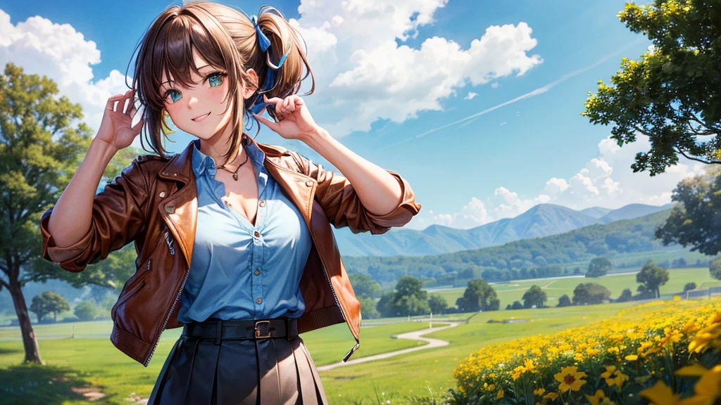 1girl, solo, full body, summer, village, trees, sun, clouds, ((colorful hair)), ponytail, huge breasts, ((brown leather jacket)), brown leather shorts, ((blue ochre)), cleavage 1:3, blue eyes, skirt, smile, looking at the viewer, standing, hair ribbon, golden necklate