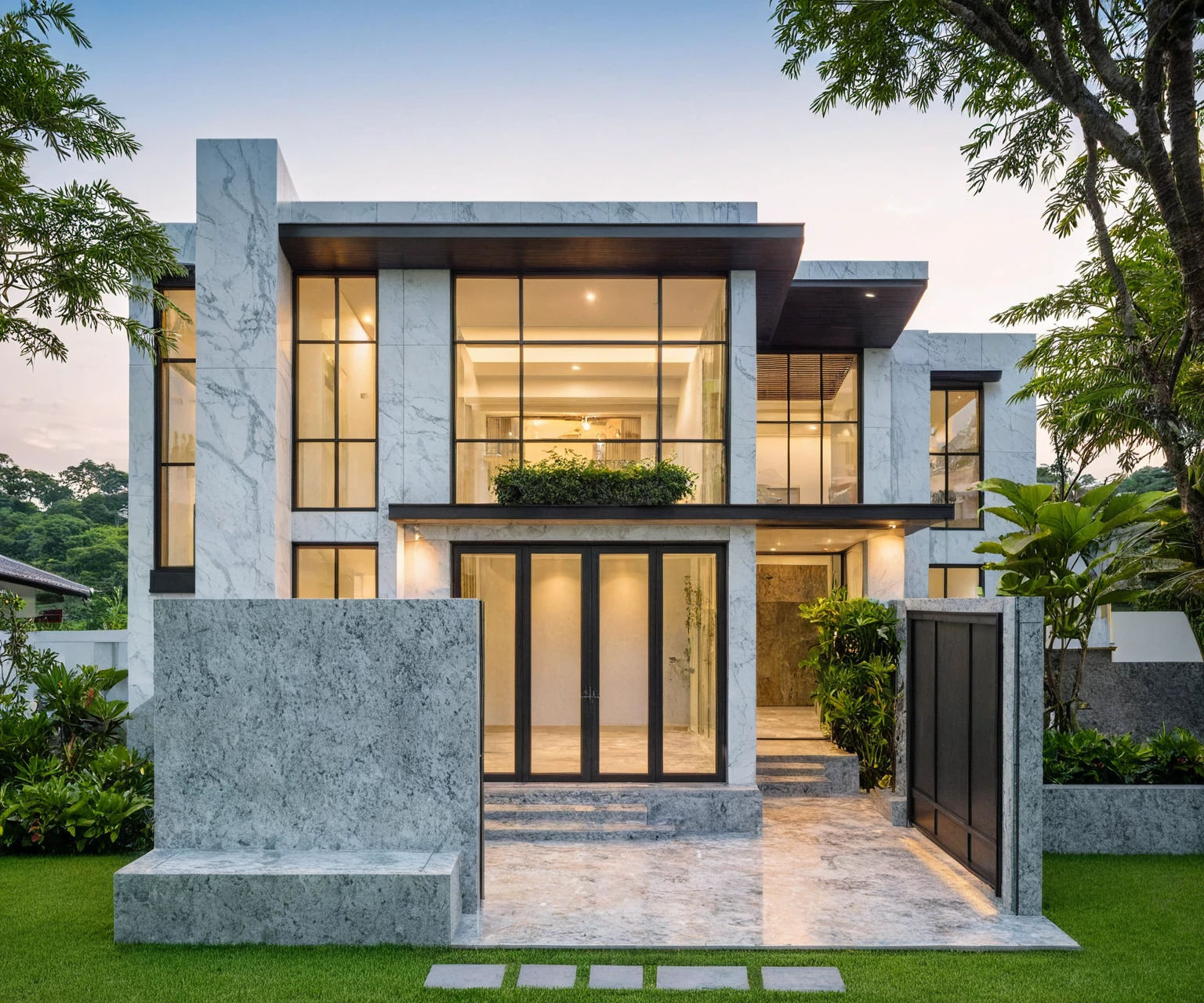 masterpiece, best quality, exterior design, (sunset), one-story modern house in Vietnamese village, marble, steel, modern light-colored granite facade and white walls, wooden ceiling , large glass, modern minimalist style, green shrubs and tropical plants background, large doors and windows.
