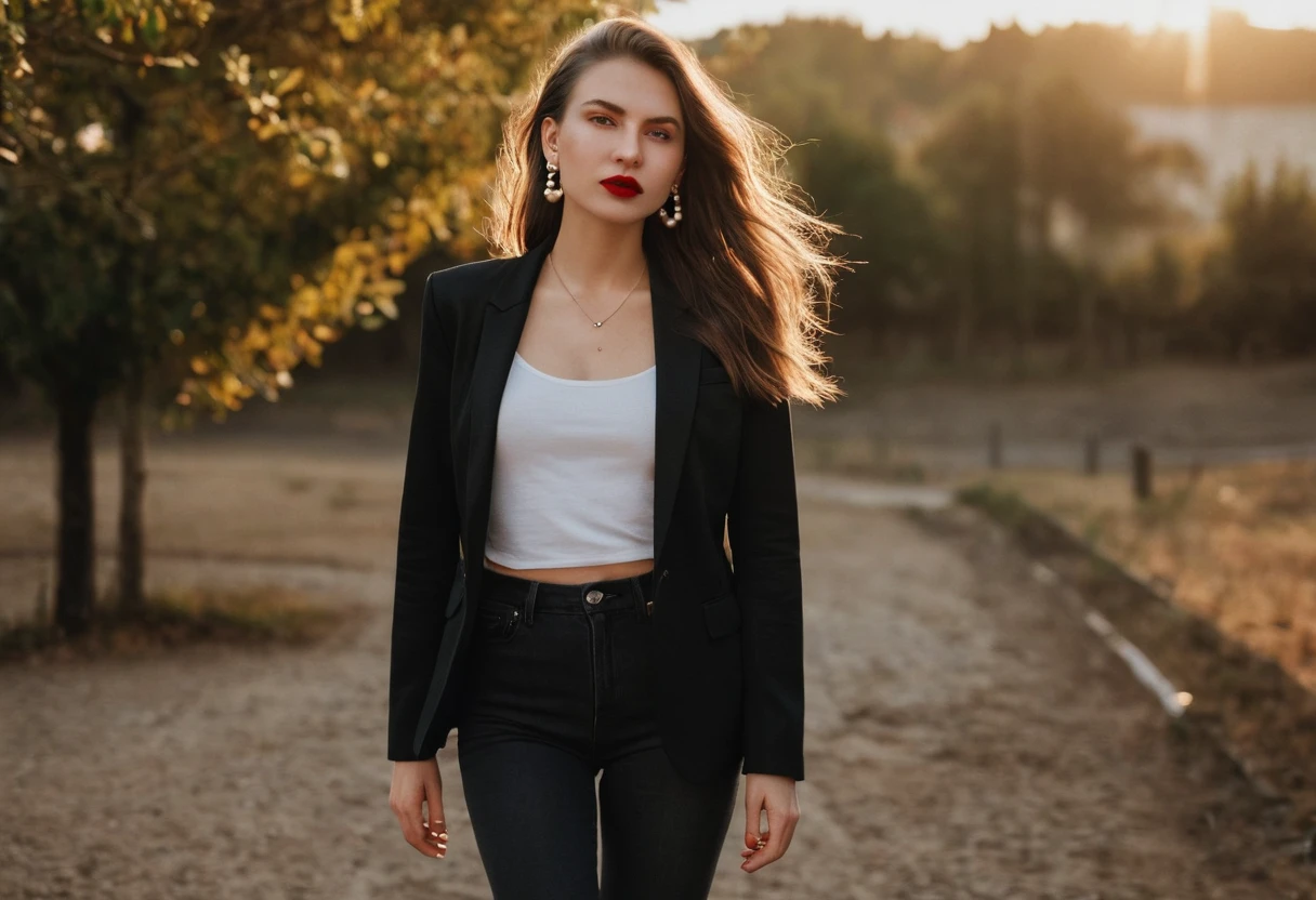color digital photograph of Lucie Prochazka a woman from czech republic wearing (a black blazer), (a white t-shirt), (black skinny jeans), (black ankle boots), (pearl earrings), (red lipstick), and Slingbacks shoes shot on Nikon Z9 by Denis Karasev, 26 years old, pale skin, (long hair), tiny figure, small breasts, feeling, at golden hour,full body, masterpiece, natural lighting, (outdoor setting:1.2), warm tones, side lighting, natural skin details, 4k, UHD, masterpiece, detailed eyes, detailed face, detailed skin, perfect hands, perfect feets, photo, high skin detail, moles, imperfect skin, ultra realism, RAW photo, subsurface scattering