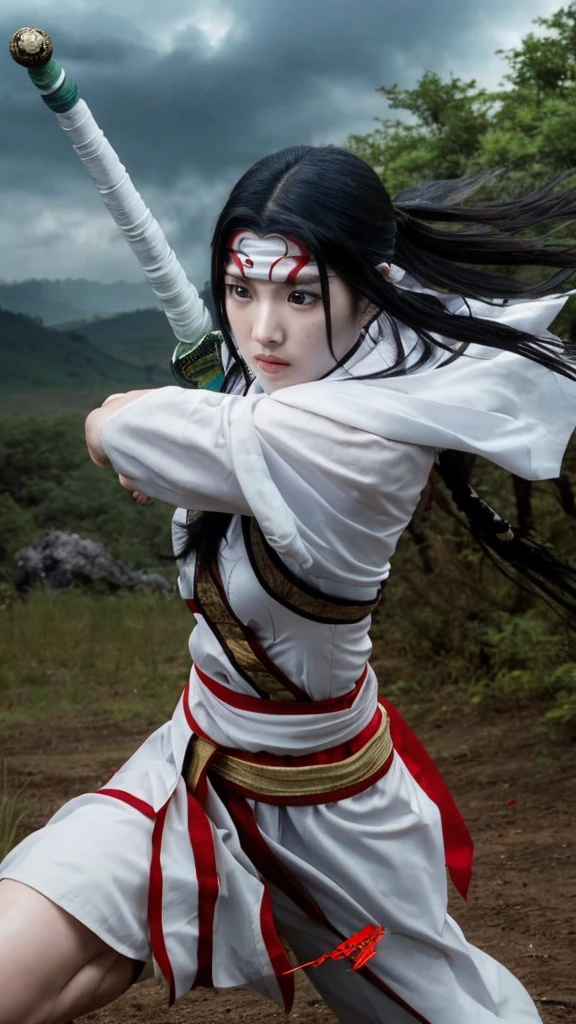 "Create a highly realistic image of a female warrior resembling Kyoukai from the manga series Kingdom. She should have a slender yet athletic build, wearing traditional Chinese armor with intricate details. Her expression is calm and focused, with a mysterious aura. She has long, flowing black hair and is holding a sword in a defensive stance. The background should depict a forest or battlefield with a dramatic sky."