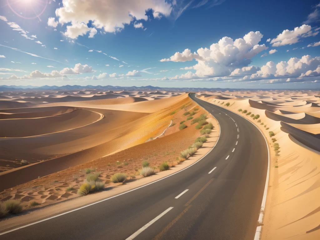 (desert :1.2),road ,(รถกระบะวิ่งบนroad:1.2), landscape:1.5