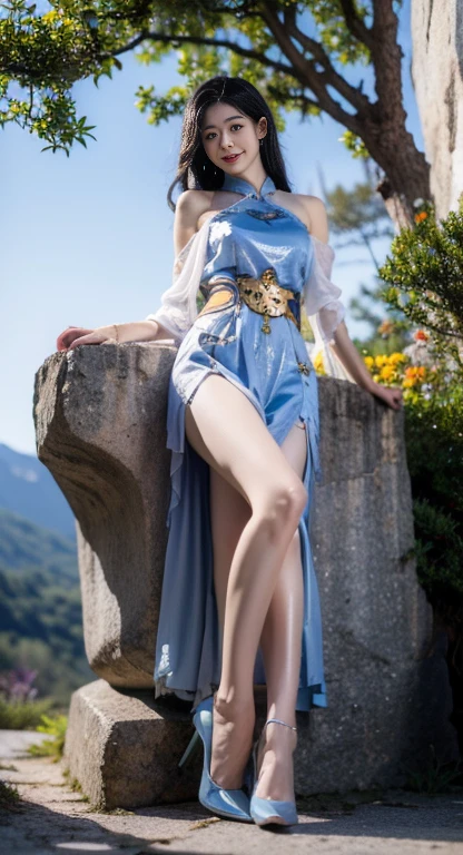 yinziping,cheongsam, ((Bare shoulders)), ((whole body)), Practical, Fashion Girl, Red lips, Become a, cosmetic, big eyes, beautiful eyes, ((whole body)), ((From below)), (best quality, masterpiece:1.2), Very detailed, (Practical:1.37), ((Sexy long legs)), beautiful, Young and energetic, Charming model, Large Breasts, cleveage, very beautiful legs, Panoramic long legs, (Exquisite eyes, Delicate lips, extremely Exquisite eyes), Show a bright smile, Create stunning girl images, warm color, Very high color saturation, Official Art, Extremely detailed CG unified 8k wallpaper,(High Dynamic Range :1.4), (Movie),(Soft colors, The color is dull, Soothing tone :1.3), (Natural skin texture, ultra-Practical, Soft Light, sharp),(Very detailed), night, moonlight, ((In the mountains, plant, Leaning against the rocks))