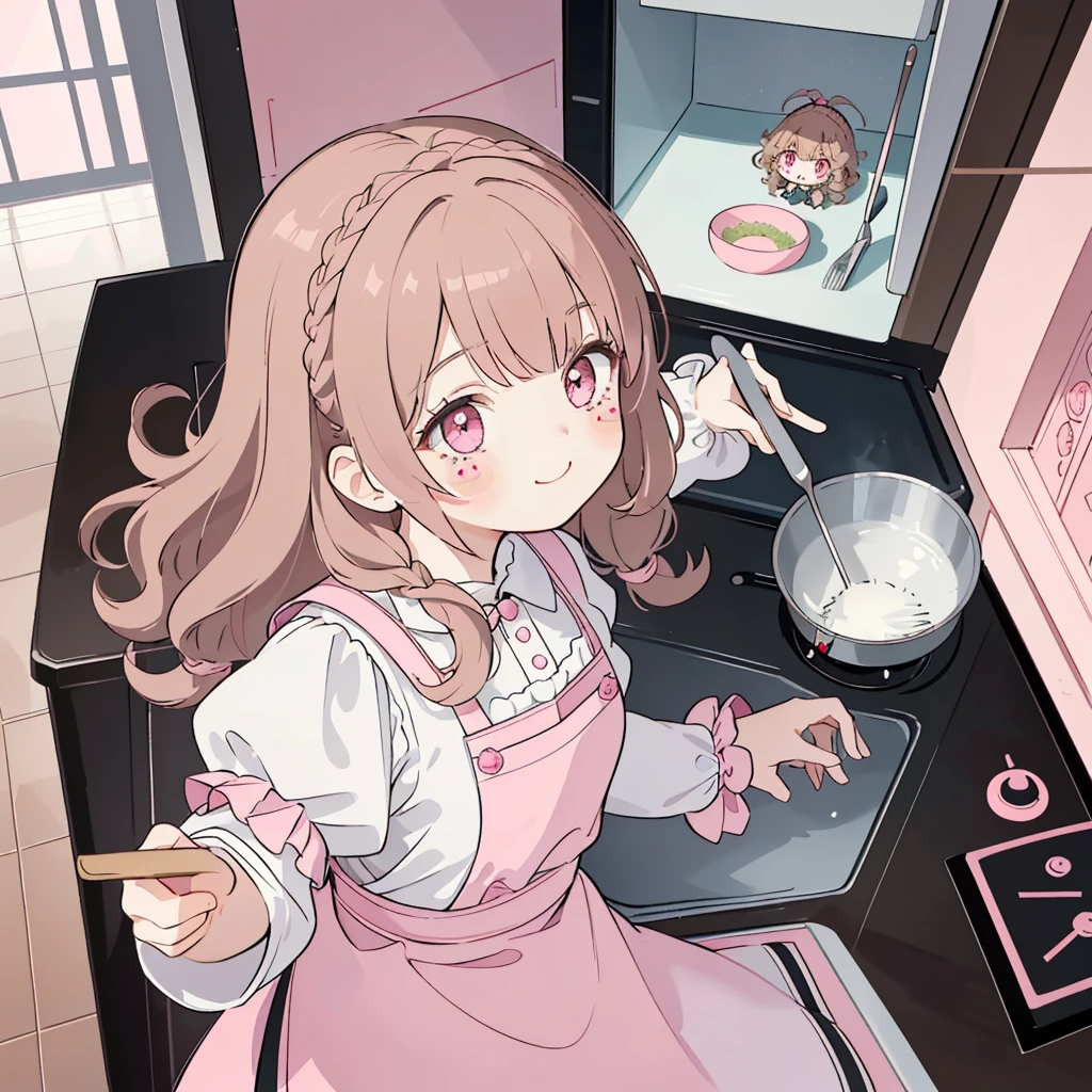 (highest quality), (Super detailed), (whole body: 1.2), 1 girl, Little, cute, smile,(Colorful and cute kitchen:1.3), pink and black and white gothic ta clothes, blush, : 3,(banguri and, (light brown hair:1.3),(pink eyes:1.2),(braided long hair),(Fluffy curly hair), (brown eyelash stickers, Bangortiful detailed face), (Beautiful and detailed eyelid body,cuteポーズ,(cooking),(perspective from above:1.2),
