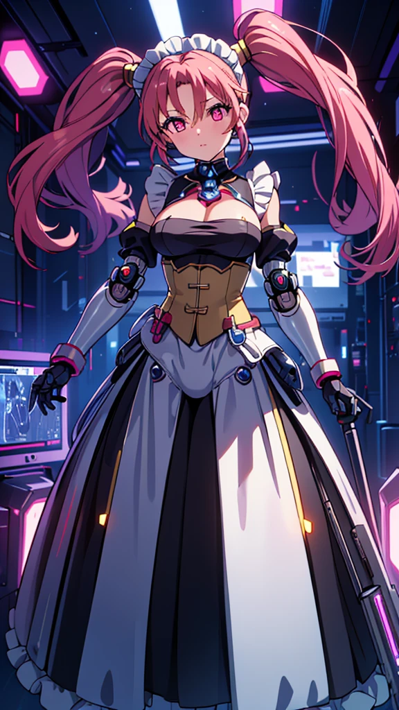 (masterpiece, best quality:1.2), solo, 1girl, dq8jessica, fluorescent pink eyes, expelled from paradise, , , Oculogyric crisis, low twintails, Perfect figure, heart-shaped ,Cybernetic arm and glowing robot cyber girl,(Sheer and revealing costumes:1.3, ),(Maid robot cyber girl in fluffy maid clothes:1.3), (Robot shining behind:1.3)