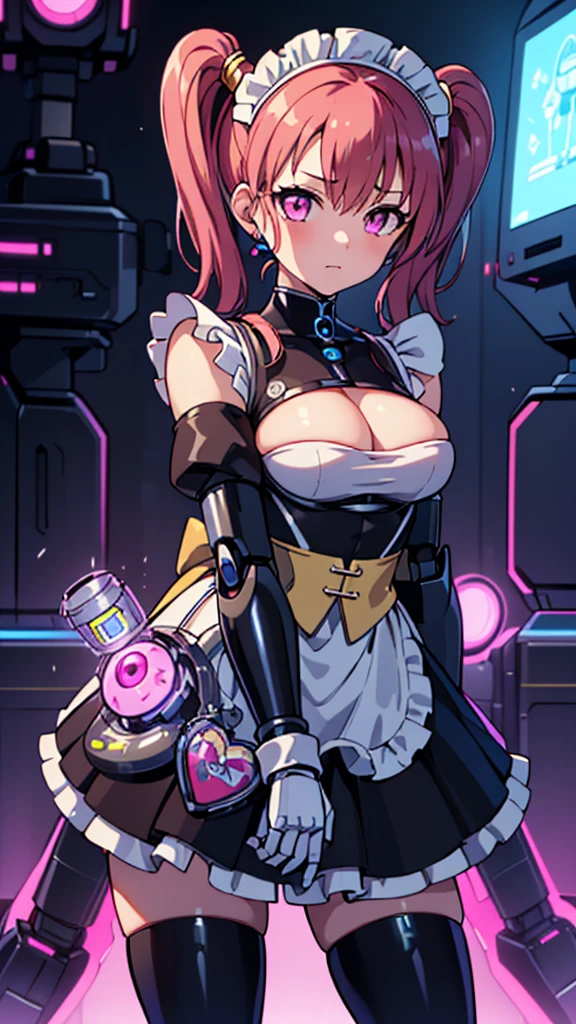 (masterpiece, best quality:1.2), solo, 1girl, dq8jessica, fluorescent pink eyes, expelled from paradise, , , Oculogyric crisis, low twintails, Perfect figure, heart-shaped ,Cybernetic arm and glowing robot cyber girl,(Sheer and revealing costumes:1.3, ),(Maid robot cyber girl in fluffy maid clothes:1.3), (Robot shining behind:1.3)