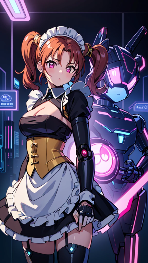 (masterpiece, best quality:1.2), solo, 1girl, dq8jessica, fluorescent pink eyes, expelled from paradise, , , Oculogyric crisis, low twintails, Perfect figure, heart-shaped ,Cybernetic arm and glowing robot cyber girl,(Sheer and revealing costumes:1.3, ),(Maid robot cyber girl in fluffy maid clothes:1.3), (Robot shining behind:1.3)