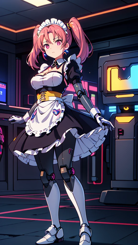 (masterpiece, best quality:1.2), solo, 1girl, dq8jessica, fluorescent pink eyes, expelled from paradise, , , Oculogyric crisis, low twintails, Perfect figure, heart-shaped ,Cybernetic arm and glowing robot cyber girl,(Sheer and revealing costumes:1.3, ),(Maid robot cyber girl in fluffy maid clothes:1.3), (Robot shining behind:1.3)