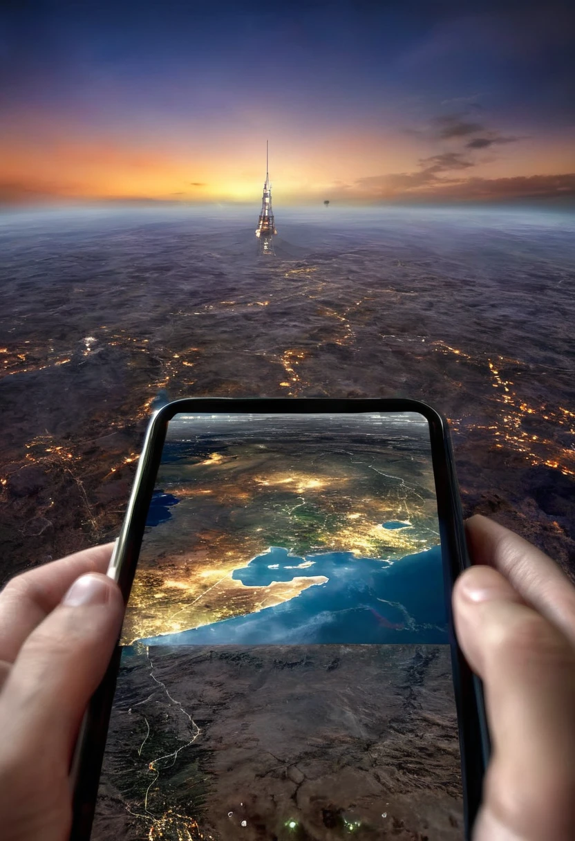 It's very realistic, with a smartphone in your hand and a google map displayed on the smartphone screen, There is a scary space filled with a very frightening atmospherein the depths of the image, The outline of the world appears blurry, outdoor