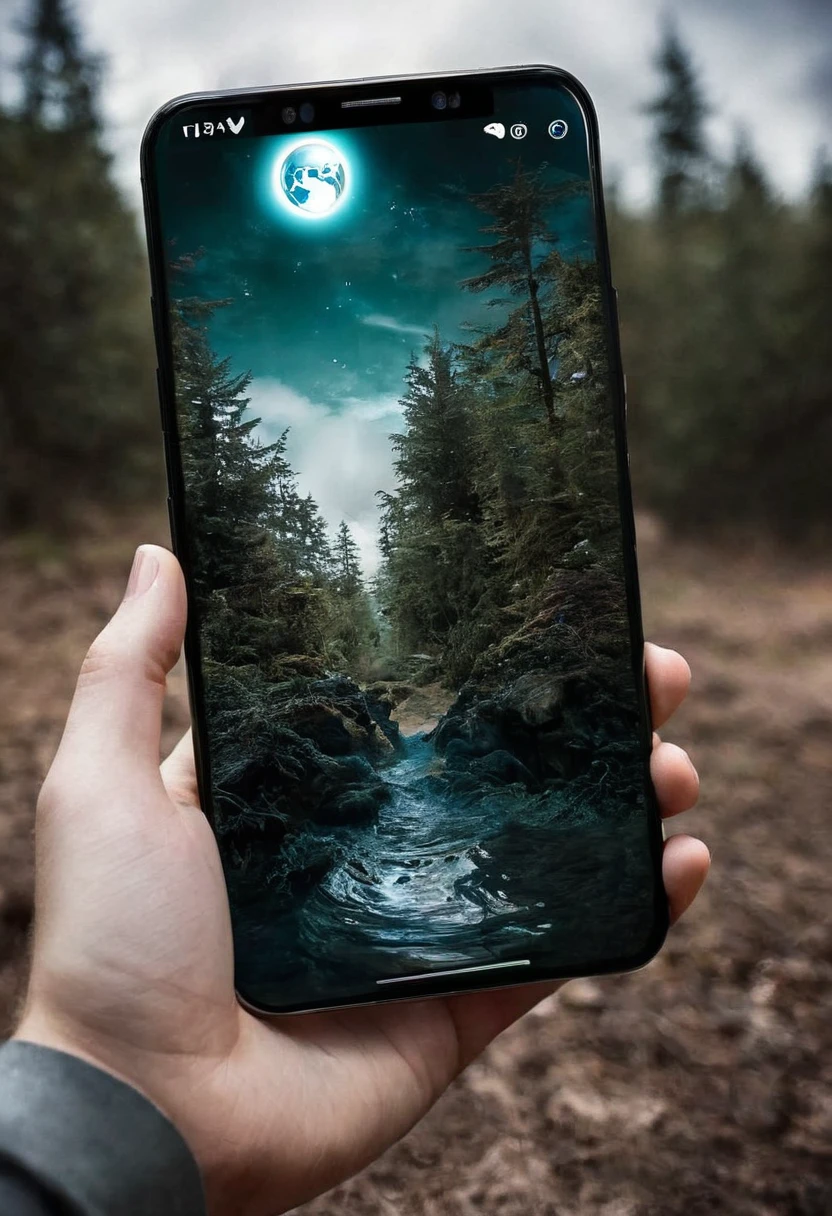 It's very realistic, with a smartphone in your hand and a google map displayed on the smartphone screen, There is a scary space filled with a very frightening atmospherein the depths of the image, The outline of the world appears blurry, outdoor