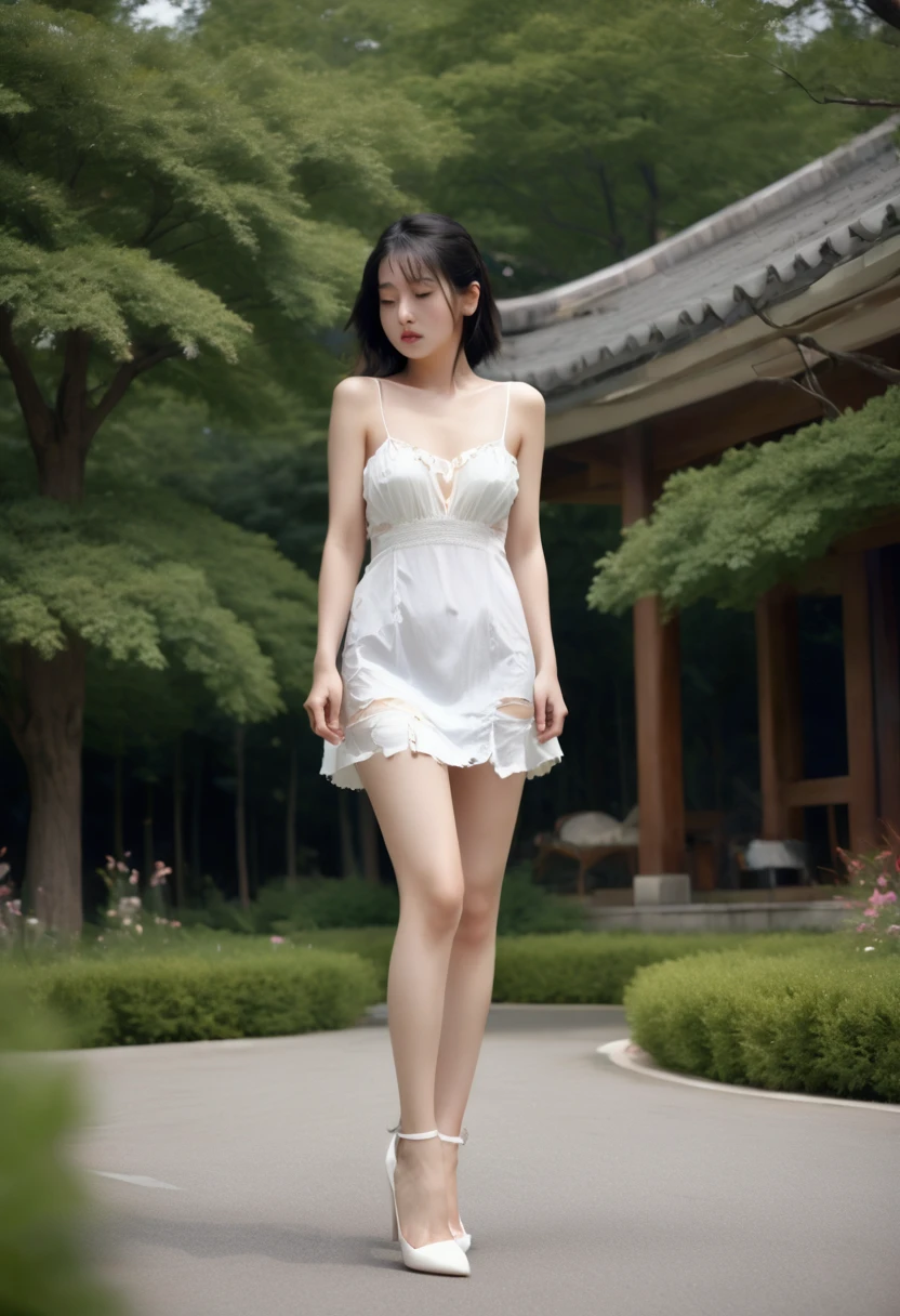 (Highest quality, masterpiece, 4K, photograph, Fine:1.4), (A  crying in a tattered and torn white mini dress:1.3), Half naked, Small and cute美少女, garden, squirt, Black Hair, ponytail, A badly torn and tattered white mini dress:1.3, Small and cute, White mini dress with ripped neckline, Thighs in full view, Walking while crying, Embarrassed and crying, White high heels:1.1, Full body video:1.25, Almost naked, Torn white cloth from clothes is scattered on the ground, Beautiful legs exposed, Tears flowing,
