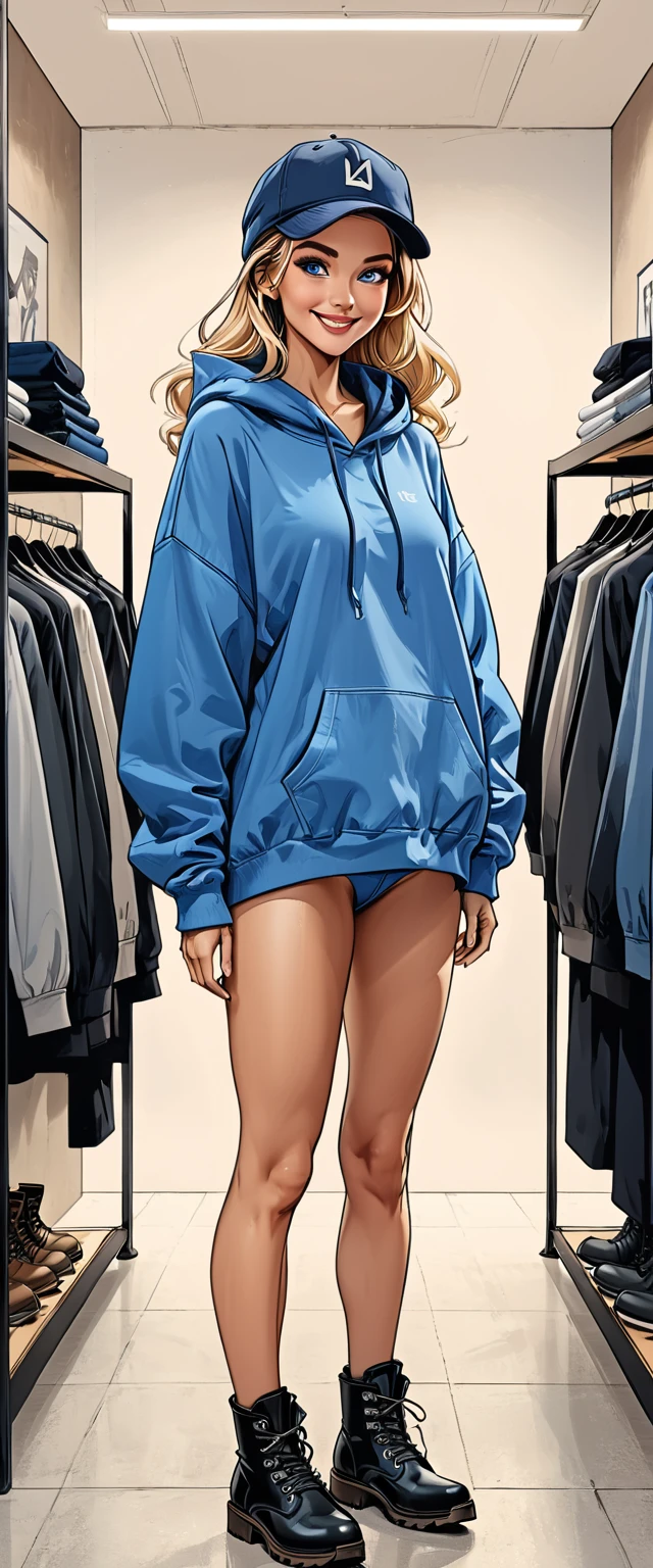 ((white changing room in the store)), smile, cloth store,fullbody, girl in Blue oversized hoodie and levis (jeans) and black hiking boots and hat in a dynamic pose, adult, [Nordic], Hourglass elongated fitness body, perfect Olive skin, Oval Face, Long neck, Rounded shoulders, perfect hand, Attached Pointed ears, round forehead, (Short blonde Waves pixie hair), snub nose, Arched eyebrows, ((Monolid blue Eyes)), High Round Narrow cheekbones, Dimpled Cheeks, Rounded Chin, Rounded Jawline, Full  Lips, (blue eyes), Nudeeup Look, long eyelashes, third breast sng slim fitness legs, graphic style of novel comics, perfect hands, 2d, 8k, hyperrealism, masterpiece, high resolution, best quality, ultra-detailed, super realistic, Hyperrealistic art, high-quality, ultra high res, highest detailed, lot of details, Extremely high-resolution details, incredibly lifelike, colourful, soft cinematic light,