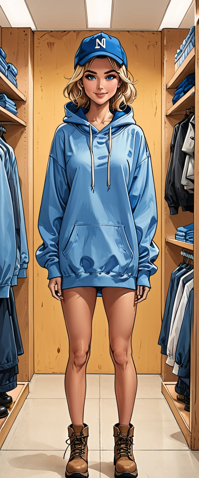 ((white changing room in the store)), smile, cloth store,fullbody, girl in Blue oversized hoodie and levis (jeans) and black hiking boots and hat in a dynamic pose, adult, [Nordic], Hourglass elongated fitness body, perfect Olive skin, Oval Face, Long neck, Rounded shoulders, perfect hand, Attached Pointed ears, round forehead, (Short blonde Waves pixie hair), snub nose, Arched eyebrows, ((Monolid blue Eyes)), High Round Narrow cheekbones, Dimpled Cheeks, Rounded Chin, Rounded Jawline, Full nude Lips, (blue eyes), Nude Makeup Look, long eyelashes, third breast size, ong slim fitness legs, graphic style of novel comics, perfect hands, 2d, 8k, hyperrealism, masterpiece, high resolution, best quality, ultra-detailed, super realistic, Hyperrealistic art, high-quality, ultra high res, highest detailed, lot of details, Extremely high-resolution details, incredibly lifelike, colourful, soft cinematic light,