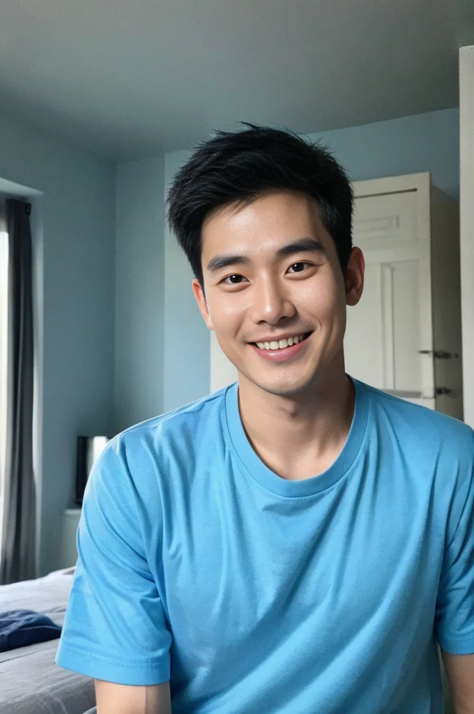 Korean man, Inspiration from Peng Yuyan, 30 years old, 236 years old, Cute Korean Face, 35 yo, 33 year old Korean muscular man，The bedroom is in the back. blue t-shirt, open mouth smile