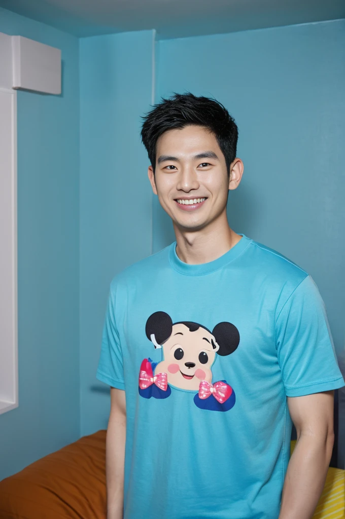 Korean man, Inspiration from Peng Yuyan, 30 years old, 236 years old, Cute Korean Face, 35 yo, 33 year old Korean muscular man,The bedroom is in the back. blue t-shirt, open mouth smile