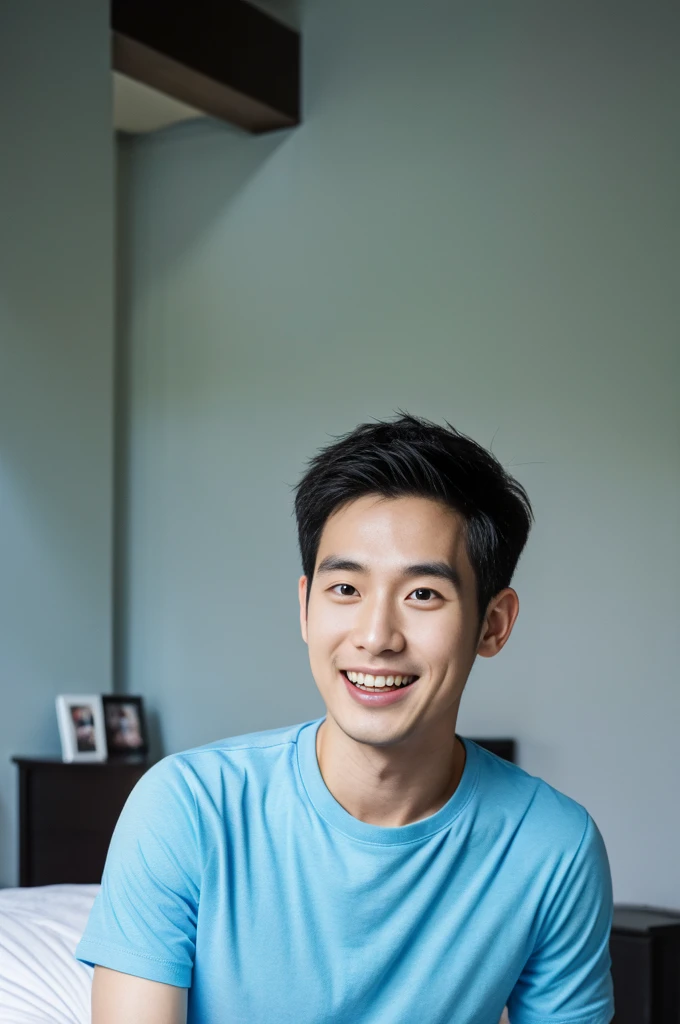 Korean man, Inspiration from Peng Yuyan, 30 years old, 236 years old, Cute Korean Face, 35 yo, 33 year old Korean muscular man，The bedroom is in the back. blue t-shirt, open mouth smile