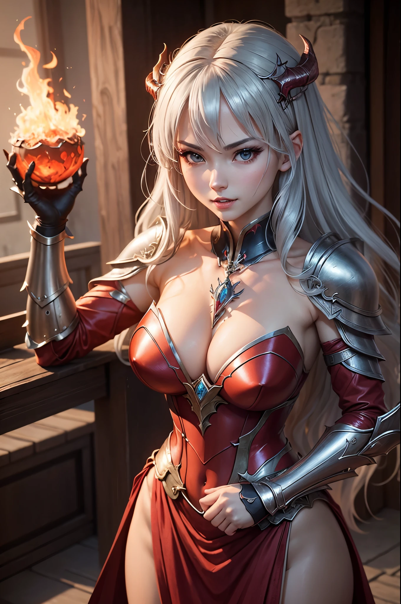 8K、赤いFlame-themed chest armor,A bewitching succubus in gorgeous red armor.,so beautiful(Like the real thing)、A long skirt with a luxurious red flame motif.,An Al-Afed woman poses for a photo with a sword and armour、Beautiful wavy silver hair、Big and ample breasts、Flame-themed chest armor(red and silver)2。5d cgi anime Fantasy artwork、Fan Art Mayor Art Station、デジタルFantasy art)、Big blow Loss Draw、Woman in armor、壮大なFantasy artスタイル、Beautiful Succubus、Charm、Beautiful fangs、Looking at the audience、Captivating Gaze、Laughter、masterpiece,masterpiece,Photorealistic RAW photos of the highest quality。Bright colors,Rich colors, Backlight, Cinema Lighting, Film Grain, to be born, 50mm lens, Nikon D850,Realistic Skin,Fantasy art,Character Art,Ultra-high resolution,Realistic scale skins,Goddess of Evil,Muscular Beauty,Extremely stiff abs,