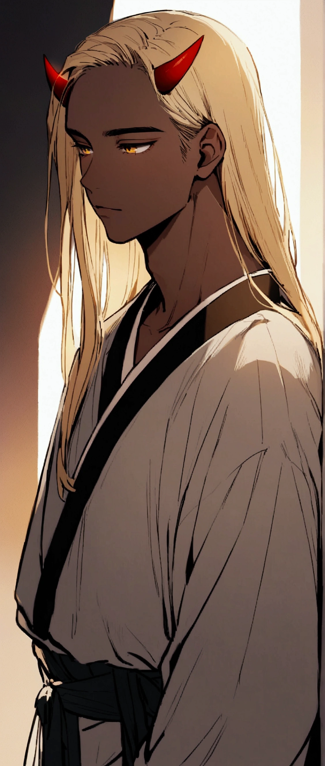 One Man,Beautiful young man with blond hair and dark skin, 20-year-old, Yellow Eyes, length, Silky Hair,Red horns growing from the sides of its head,One corner,Wearing traditional Korean clothing,He has his bangs down,A lonely look