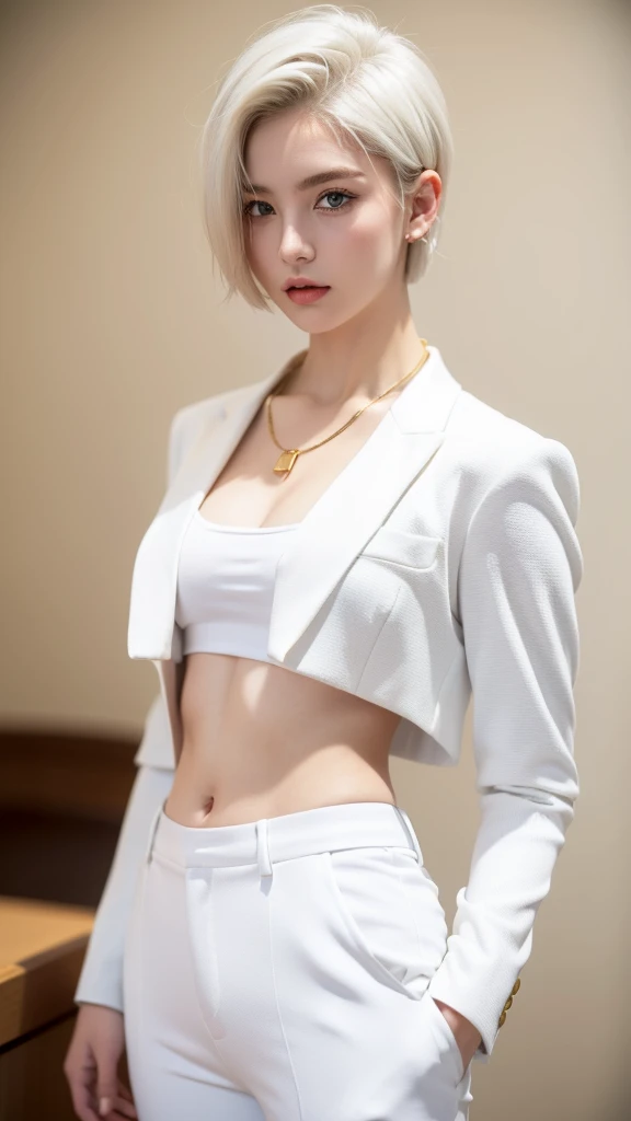 (masterpiece, best quality, beautiful and aesthetic:1.3), 1 Girl, Solitary, (White short hair:1.6), blue eyes, eyelash,(White suit,White trousers:1.4),Gold-tone buttons,Have abdominal muscles,A faint smile, Model pose, Looking at the audience, Android 18, Hoop Earrings, necklace, On the yacht
