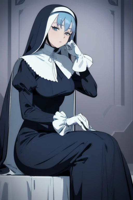 Mature women, nun, blue nun outfit, puffy sleeves, blue cape ,blue long skirt, white gloves, long deep black veil, vail cover her face,(look at viewer) ,no face detail, vail covered face, (perfect skin),(no emotion ), anime, sitting, sexy pose