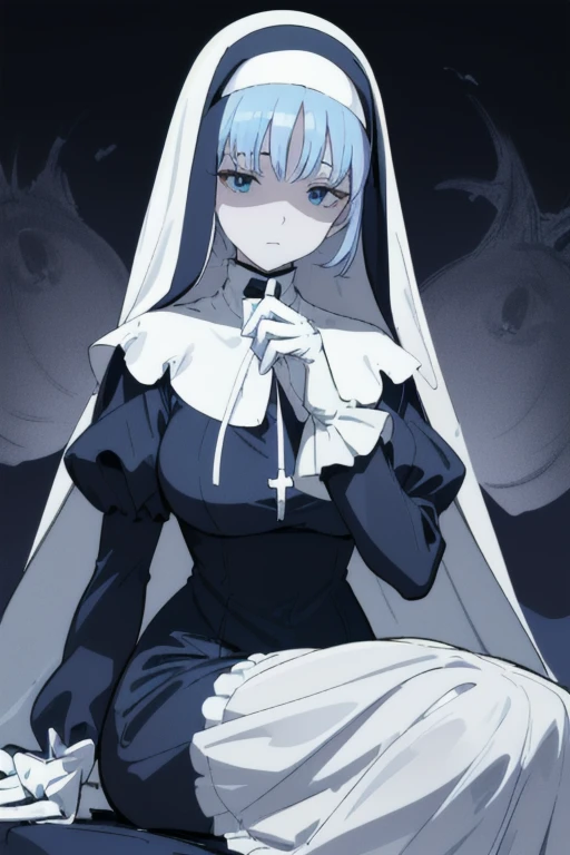 Mature women, nun, blue nun outfit, puffy sleeves, blue cape ,blue long skirt, white gloves, long deep black veil, vail cover her face,(look at viewer) ,no face detail, vail covered face, (perfect skin),(no emotion ), anime, sitting, sexy pose