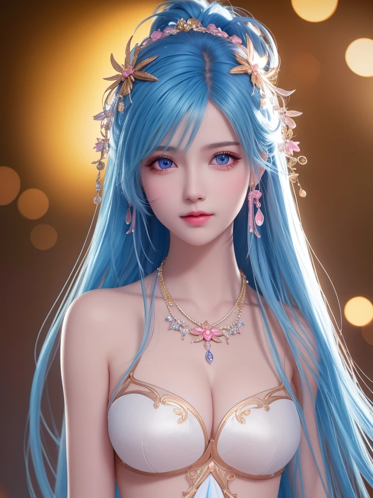 beste-Qualit, master-piece, Tall, 1girls, nude, Hair ornaments, necklace, ornament, Beautiful face, When the body, Tyndall effect, photorealistic portrait, dark studio, Edge lighting, two-color light, (highly detailed skin:1.2), 8k uhd, dslr, Soft light, High Quality, Volumetric lighting, honest, Photograph, high-res, 4k, 8k, bokeh, Blue hair with pink tips, pink eyes. Full body