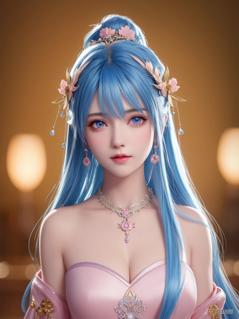 beste-Qualit, master-piece, Tall, 1girls, nude, Hair ornaments, necklace, ornament, Beautiful face, When the body, Tyndall effect, photorealistic portrait, dark studio, Edge lighting, two-color light, (highly detailed skin:1.2), 8k uhd, dslr, Soft light, High Quality, Volumetric lighting, honest, Photograph, high-res, 4k, 8k, bokeh, Blue hair with pink tips, pink eyes. Full body