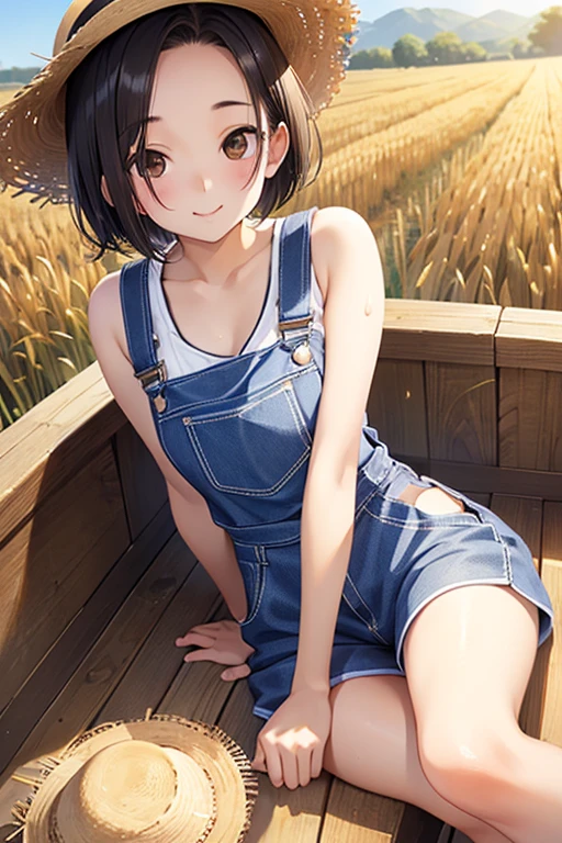 Rinko Kobayakawa、Shiny brown hair, ((Center-parted bangs that expose the forehead、short hair、))、, (Beautiful brown eyes、Sparkling eyes, Fine grain)、smile、Ultra-detailed eyes、Highly detailed face, Highly detailed eyes,


Highest quality、High resolution、Detailed Background、Beautiful and dense face、Beautiful, smooth skin、Skin Texture、(Realistic:1.1)、Perfect body line、(Cute beautiful girl:1.5)、

a large wheat field, Summer sunshine, Sitting in the back of the truck, , Wear a straw hat, Overalls, White sports bra,  Sweat, Smiling Kindly , Top Angle, masterpiece, High resolution