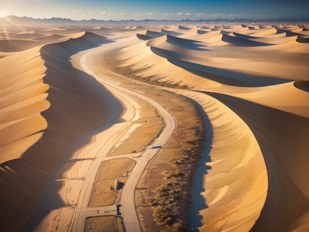 (desert :1.2),road ,(รถกระบะวิ่งบนroad:1.2), landscape:1.5
