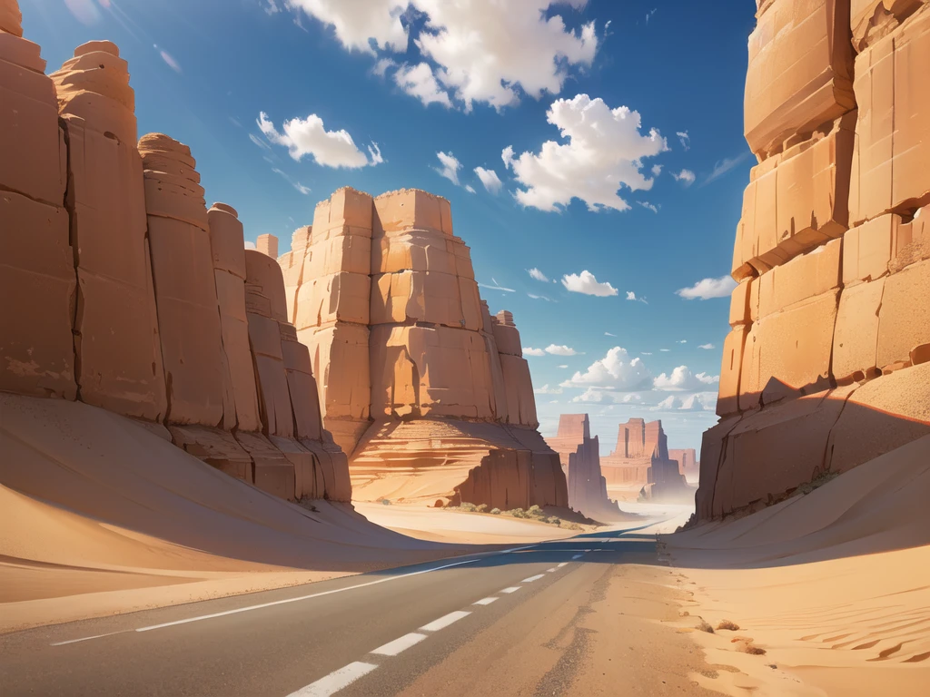 (desert :1.2),road ,(รถกระบะวิ่งบนroad:1.2), landscape:1.5
