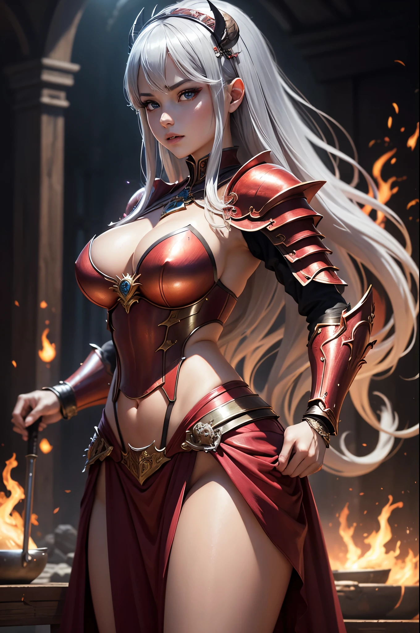 8K、赤いFlame-themed chest armor,A bewitching succubus in gorgeous red armor.,so beautiful(Like the real thing)、A long skirt with a luxurious red flame motif.,An Al-Afed woman poses for a photo with a sword and armour、Beautiful wavy silver hair、Big and ample breasts、Flame-themed chest armor(red and silver)2。5d cgi anime Fantasy artwork、Fan Art Mayor Art Station、デジタルFantasy art)、Big blow Loss Draw、Woman in armor、壮大なFantasy artスタイル、Beautiful Succubus、Charm、Beautiful fangs、Looking at the audience、Captivating Gaze、Laughter、masterpiece,masterpiece,Photorealistic RAW photos of the highest quality。Bright colors,Rich colors, Backlight, Cinema Lighting, Film Grain, to be born, 50mm lens, Nikon D850,Realistic Skin,Fantasy art,Character Art,Ultra-high resolution,Realistic scale skins,Goddess of Evil,Muscular Beauty,Extremely stiff abs,