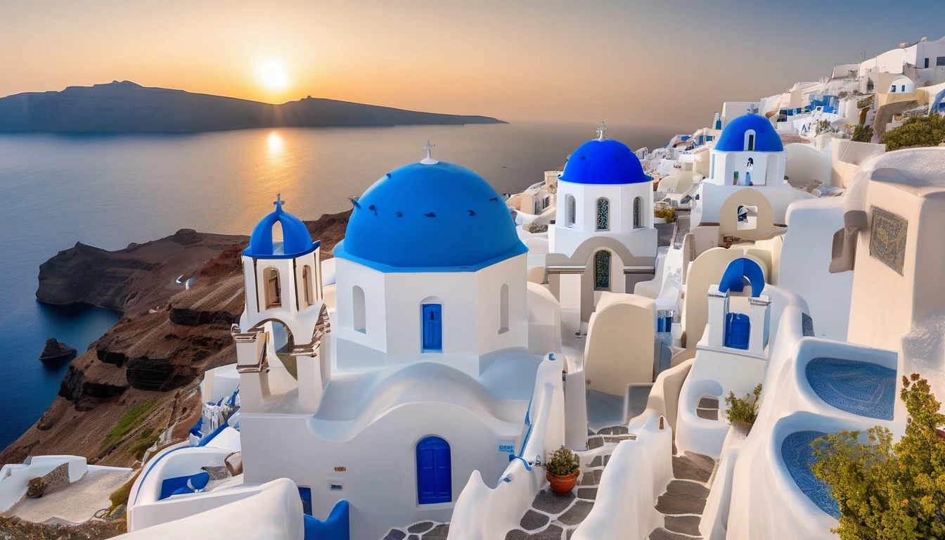 high view of a blue-domed church, Santorini, on Santorini island, Greek colorful environment, Greece, Mediterranean island landscape, Greek fantasy panorama, Greek architecture, Greek fantasy, Cycladic sculptural style, incredibly beautiful, Greek style, South of Europe landscape, Mediterranean city, breathtaking image, Cyclades! sculptural style, whitewashed buildings