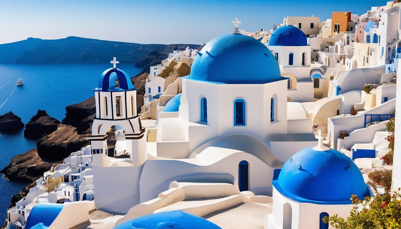 high view of a blue-domed church, Santorini, on Santorini island, Greek colorful environment, Greece, Mediterranean island landscape, Greek fantasy panorama, Greek architecture, Greek fantasy, Cycladic sculptural style, incredibly beautiful, Greek style, South of Europe landscape, Mediterranean city, breathtaking image, Cyclades! sculptural style, whitewashed buildings
