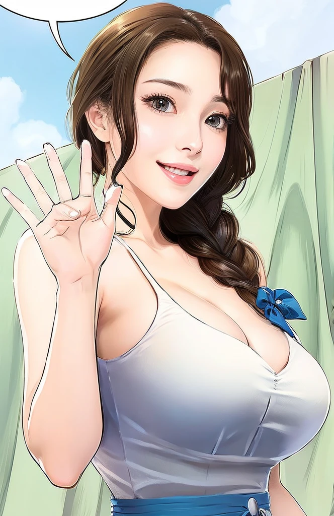 high quality, ultra detailed, masterpiece, realistic, 1girl, Brown hair, single braid, smile, open mouth, white dress, cleavage, bare shoulders, wave hands