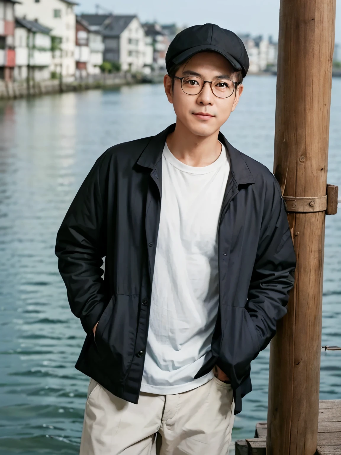((A 60-year-old Japanese man.Wearing old-fashioned round-rimmed black glasses.Wearing a light gray fisherman hat.Artistic.painter. top quality.real photos.masterpiece(CG Unity 8K High Detail Photo.Full body image))The background is next to the Otaru Canal in Hokkaido, Japan.水彩畫painter.full of artist temperament.Wearing a white shirt and a black jacket.Standing. For photographers.maintain eye contact.with a sincere smile.