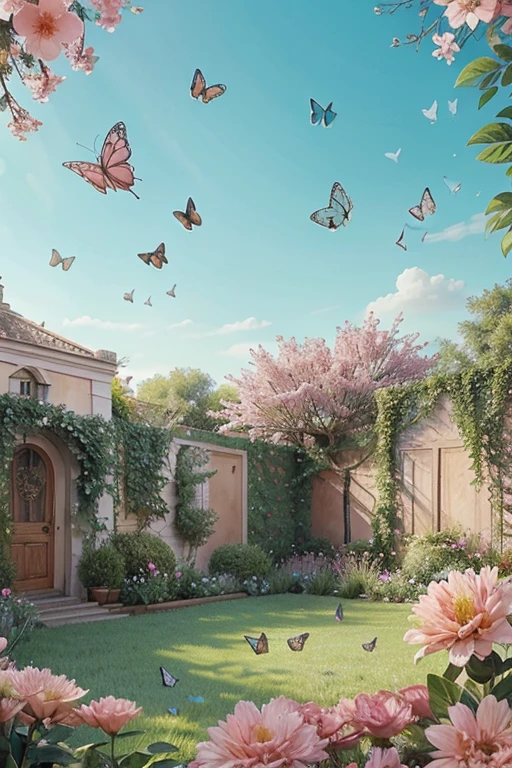 Secret garden illustration with pink and aqua green background with butterflies and birds