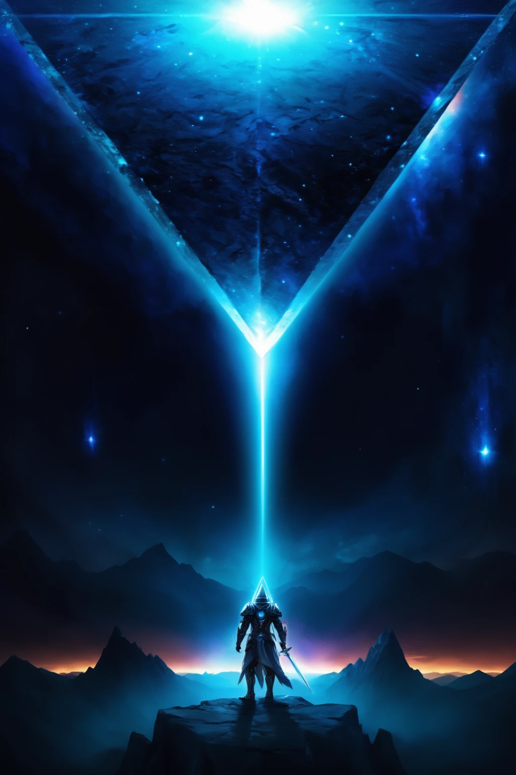 Digital artwork featuring a sci-fi and fantasy theme. The layout is vertical, with a central figure standing on a rocky outcrop, facing a massive, glowing, inverted pyramid in the sky. The figure appears to be a warrior, clad in futuristic armor, holding a sword, and is illuminated by a beam of light emanating from the pyramid. The background showcases a starry night sky with nebulae and distant mountains, creating a sense of vastness and otherworldliness. The color palette is dominated by shades of blue and black, with bright white highlights from the light sources.