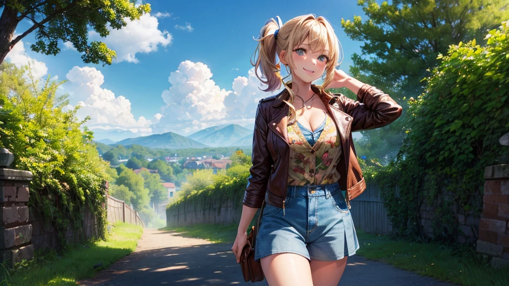 1girl, solo, full body, summer, village, trees, sun, clouds, ((colorful hair)), side ponytail, large breasts, ((brown leather jacket)), brown leather shorts, button down shirt, ((blue floral pattern shirt)), ((unbuttoned shirt)), unbuttoning buttons, cleavage 1:3 green eyes, grey skirt, smile, happy, looking at the viewer, standing, hair ribbon, golden necklate