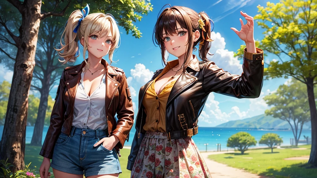 1girl, solo, full body, summer, village, trees, sun, clouds, ((colorful hair)), side ponytail, large breasts, ((brown leather jacket)), brown leather shorts, button down shirt, ((blue floral pattern shirt)), ((unbuttoned shirt)), unbuttoning buttons, cleavage 1:3 green eyes, grey skirt, smile, happy, looking at the viewer, standing, hair ribbon, golden necklate