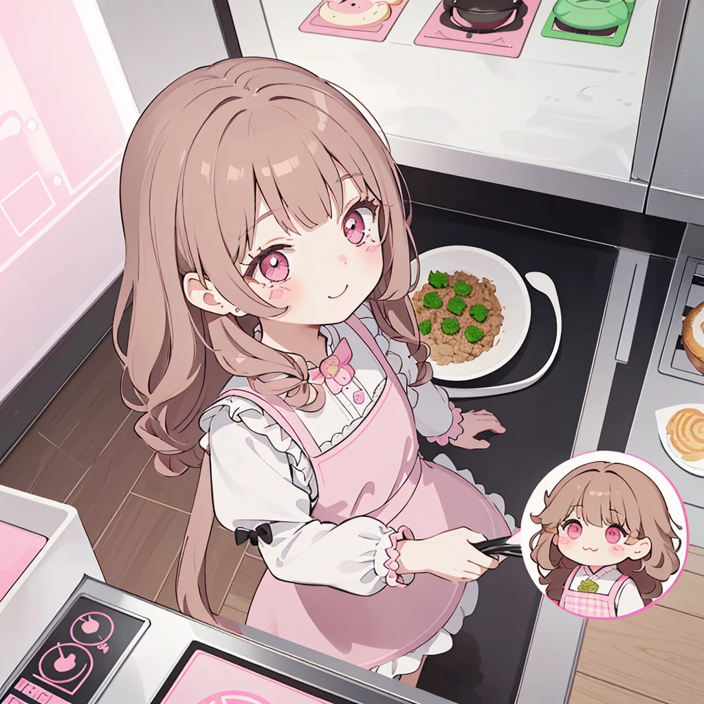  (highest quality), (Super detailed), (whole body: 1.2), 1 girl, Little, cute, smile,(Colorful and cute kitchen:1.3), pink and black and white gothic lolita clothes, blush, : 3,(banguri and, (light brown hair:1.3),(pink eyes:1.2),(braided long hair),(Fluffy curly hair), (brown eyelash stickers, Bangortiful detailed face), (Beautiful and detailed eyelid body,cuteポーズ,(cooking),(perspective from above:1.2),