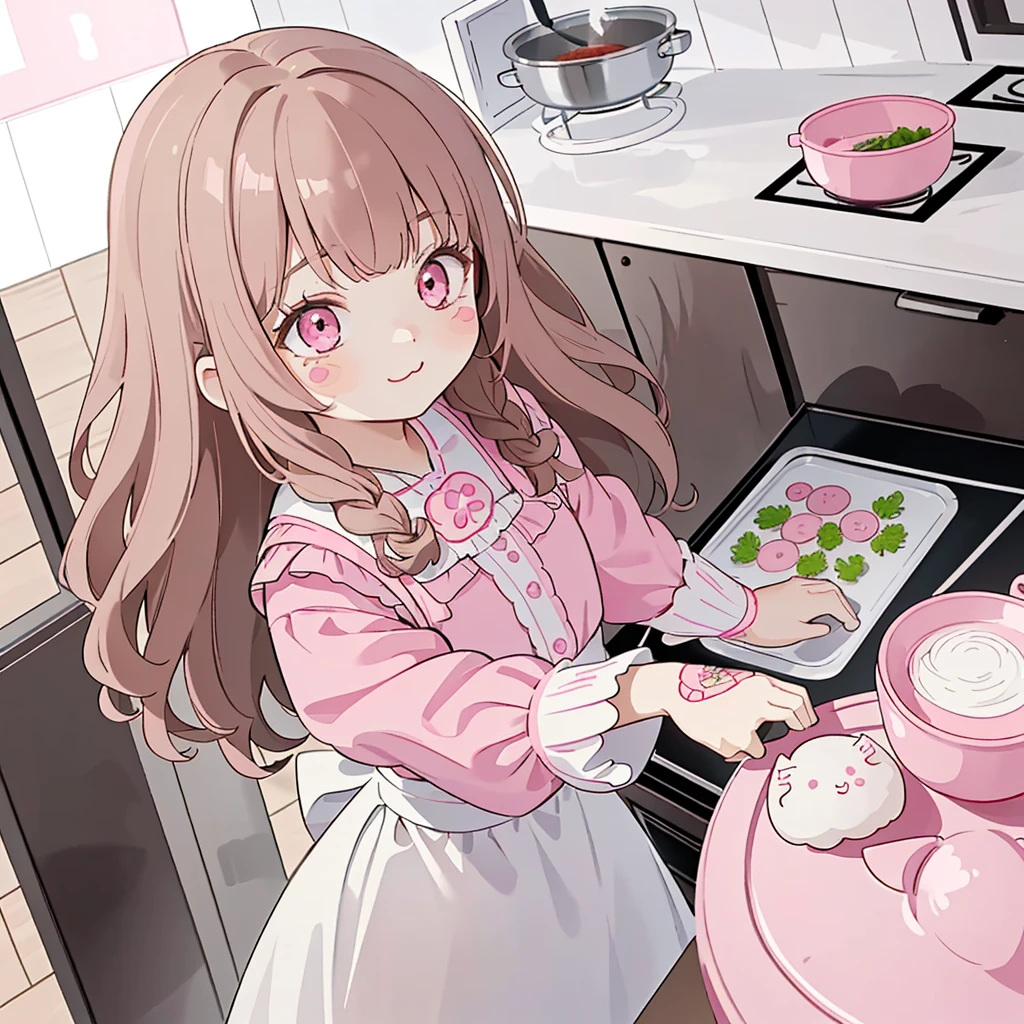 (highest quality), (Super detailed), (whole body: 1.2), 1 girl, Little, cute, smile,(Colorful and cute kitchen:1.3), pink and black and white gothic lolita clothes, blush, : 3,(banguri and, (light brown hair:1.3),(pink eyes:1.2),(braided long hair),(Fluffy curly hair), (brown eyelash stickers, Bangortiful detailed face), (Beautiful and detailed eyelid body,cuteポーズ,(cooking),(perspective from above:1.2),