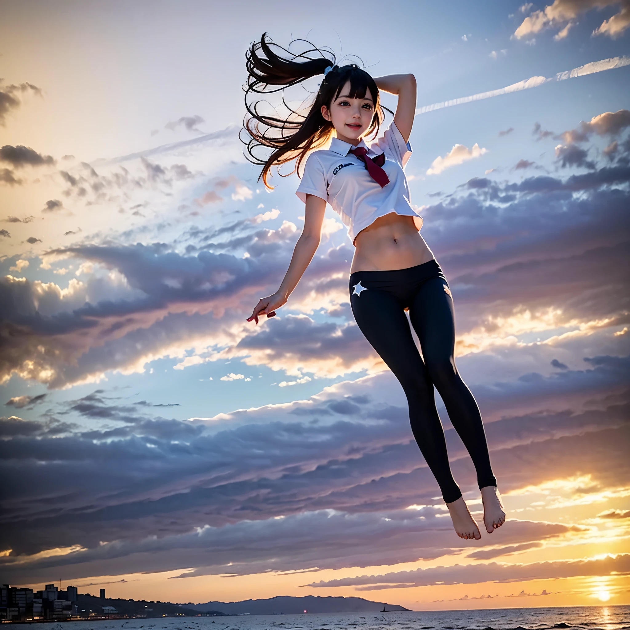 ((ExtremelyDetailed ( KAWAII Girl Floating in the Air:1.37) in WHITE at Dusk Enoshima Beach)), (masterpiece 8K TopQuality) (ProfessionalPhoto:1.37), {(Standing Full Body:1.2)|(from below:1.2)}, Different types of hair colors, {(White skinny(School Swimwear))|(SchoolUniform) with AthleticShorts}, {Correctd Childish hand|Hidden hand|Armpit|Different types of breasts|(Clearly Visible the shape of Butt)}, Joyful Expressions LifeLike Rendering, PerfectLighting, Dazzling Horizon {Colorful Clouds | Starry IridescentParticles} VolumetricLighting (Acutance:0.8)