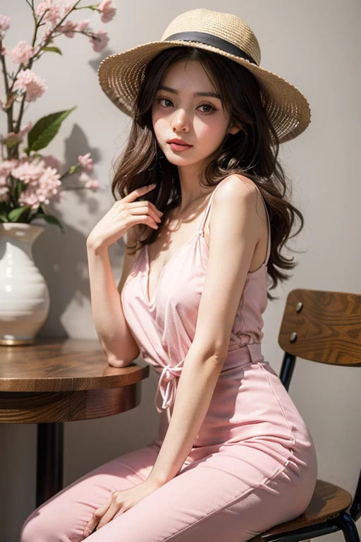 Arabian Asian woman wearing hat and sitting on stool, Photo of Aimitsu, tumbler, What it is？, Chiho, Cute shirt and jeans, Portrait of a Japanese Gal, Ayaka, marisa kirisame, White Background : 3, Sakura Kinomoto, Yuki Morita, harumi, Akemi Takada,Light pink hair, Pink Eyes, Pink and white, Cherry leaves, Vibrant colors, White Dress, Paint splashes, Simple Background, Ray Tracing, Wavy Hair