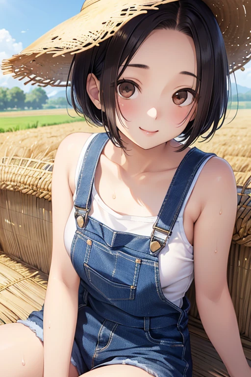 Rinko Kobayakawa、Shiny brown hair, ((Center-parted bangs that expose the forehead、short hair、))、, (Beautiful brown eyes、Sparkling eyes, Fine grain)、smile、Ultra-detailed eyes、Highly detailed face, Highly detailed eyes,


Highest quality、High resolution、Detailed Background、Beautiful and dense face、Beautiful, smooth skin、Skin Texture、(Realistic:1.1)、Perfect body line、(Cute beautiful girl:1.5)、

a large wheat field, Summer sunshine, Sitting in the back of the truck, , Wear a straw hat, Overalls, White sports bra,  Sweat, Smiling Kindly , Top Angle, masterpiece, High resolution