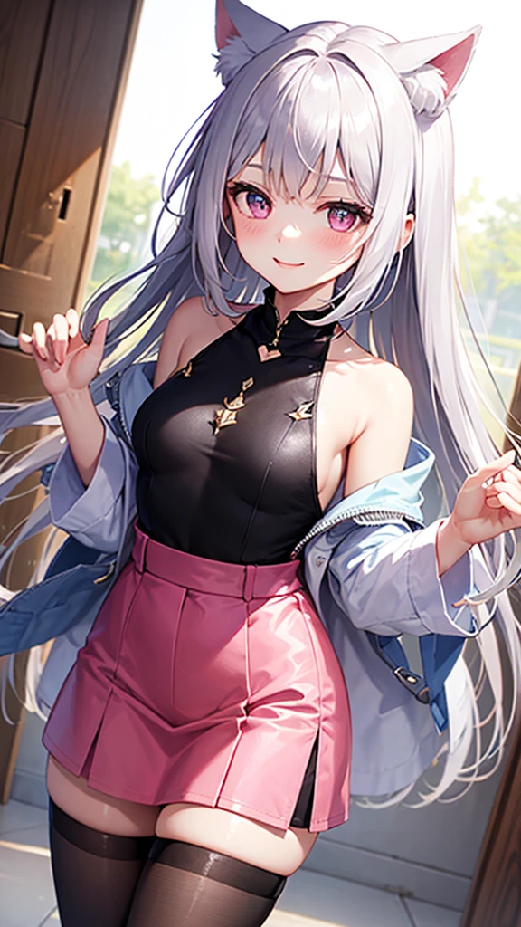 Center of chest,pretty girl,smile,Cat ear,Beautiful silver hair,Pink inside,Beautiful pink eyes,Oversized shirt、skirt、black tights